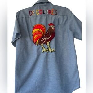 Vtg 60s De Colores Cursillo Big Mac Rooster Embroidered Chambray Shirt Sz S Rare